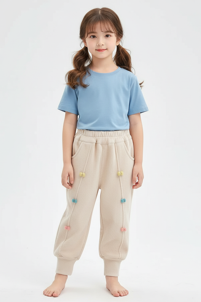 Pantalon Beige Côtelé Chaud Décontracté Pompons Colorés - Cordé