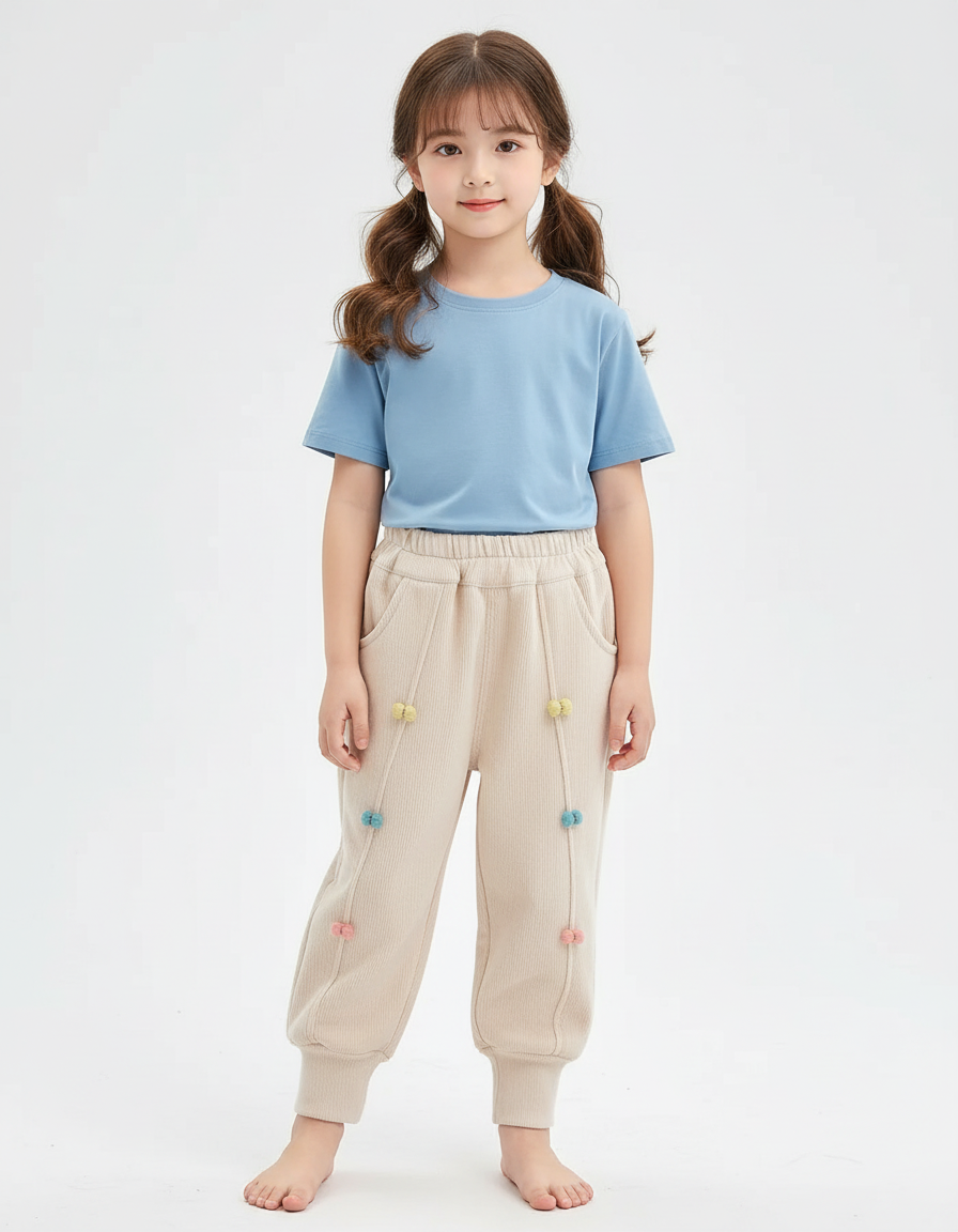 Pantalon Beige Côtelé Chaud Décontracté Pompons Colorés - Cordé
