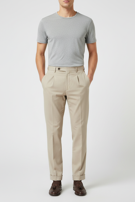 Pantalon Beige Homme Plissé Droit Élégant Coton - Gabardine