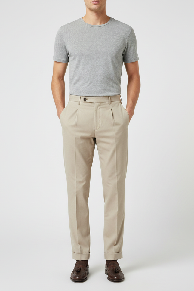 Pantalon Beige Homme Plissé Droit Élégant Coton - Gabardine