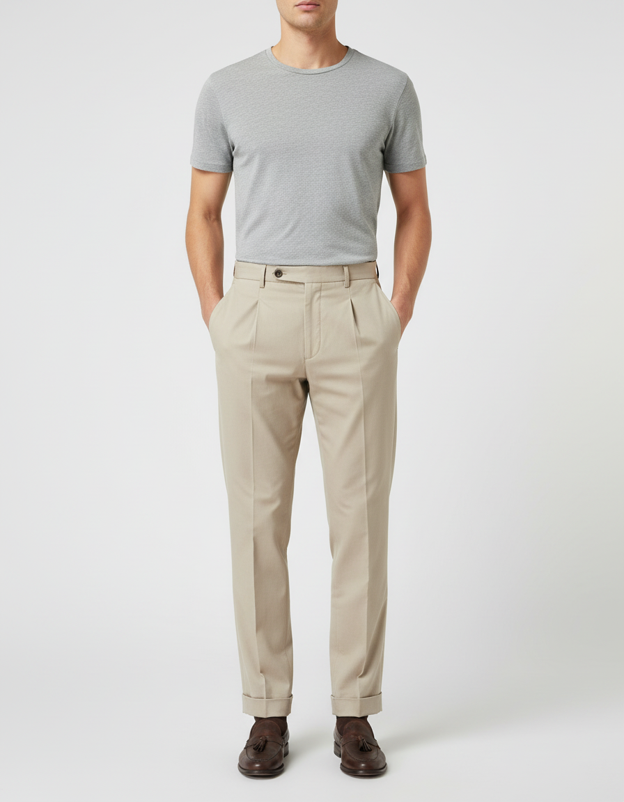 Pantalon Beige Homme Plissé Droit Élégant Coton - Gabardine