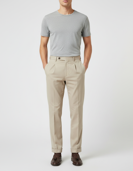 Pantalon Beige Homme Plissé Droit Élégant Coton - Gabardine