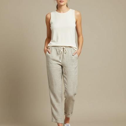 Pantalon Beige Lin Cordon Ample Confortable Femme