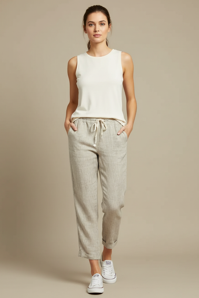 Pantalon Beige Lin Cordon Ample Confortable Femme
