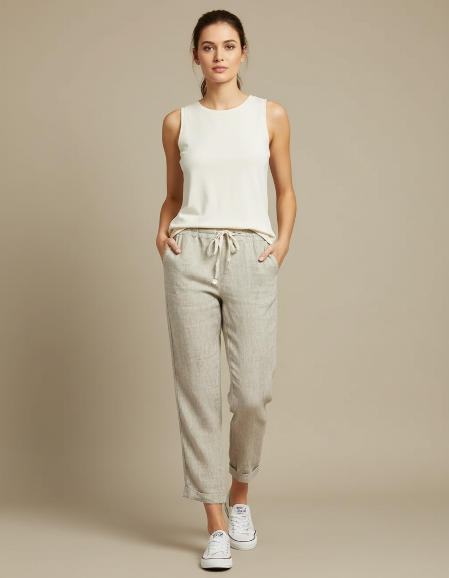 Pantalon Beige Lin Cordon Ample Confortable Femme