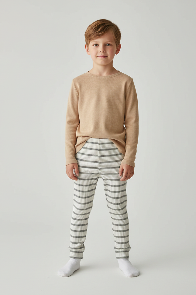 Pantalon Beige Côtelé Rayé Élastique Enfant Coton - Imprimé Maille