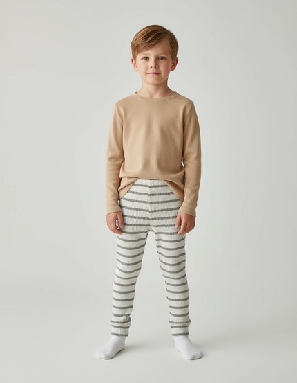 Pantalon Beige Côtelé Rayé Élastique Enfant Coton - Imprimé Maille