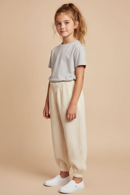 Pantalon Beige Coton Ample Décontracté Confort Enfant