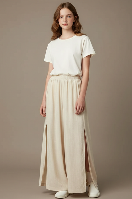 Pantalon Beige Fluide Ample Fendu Décontracté Enfant - Lin