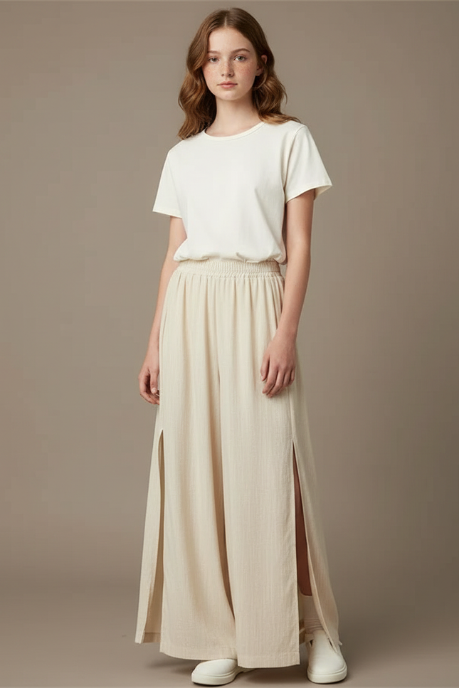 Pantalon Beige Fluide Ample Fendu Décontracté Enfant - Lin