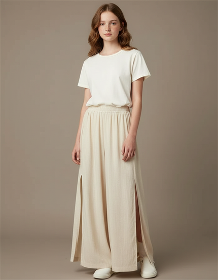 Pantalon Beige Fluide Ample Fendu Décontracté Enfant - Lin