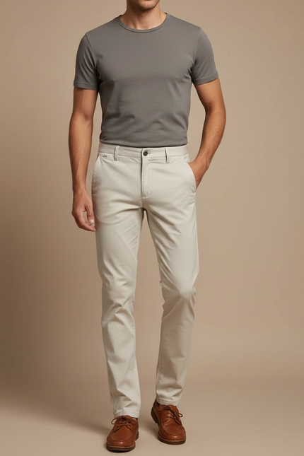 Pantalon Beige Coton Droit Homme Élégant Décontracté - Gabardine