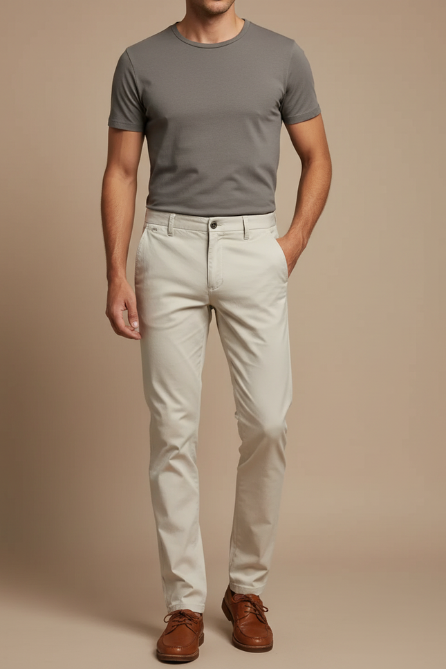 Pantalon Beige Coton Droit Homme Élégant Décontracté - Gabardine