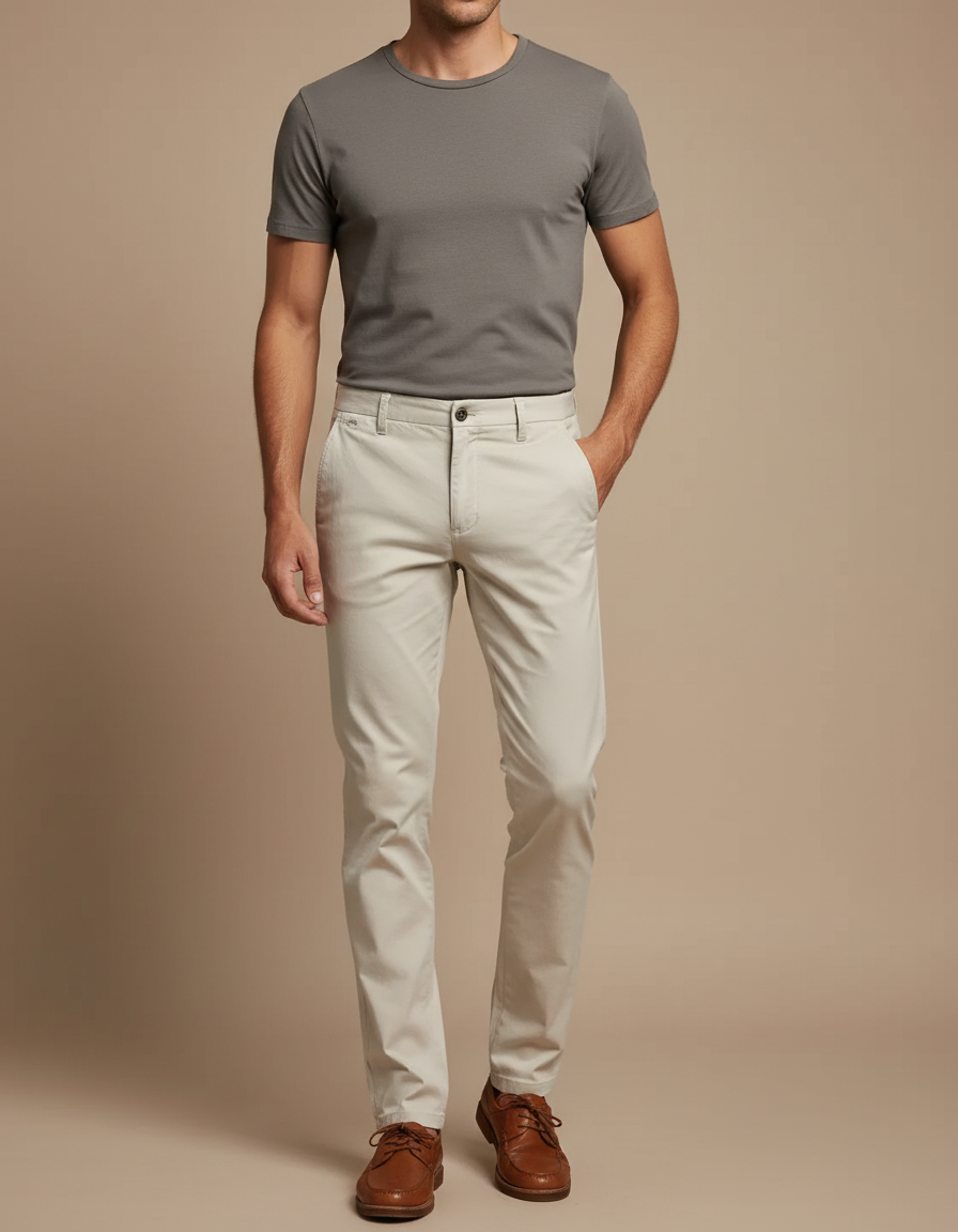 Pantalon Beige Coton Droit Homme Élégant Décontracté - Gabardine