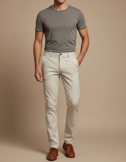 Pantalon Beige Coton Droit Homme Élégant Décontracté - Gabardine