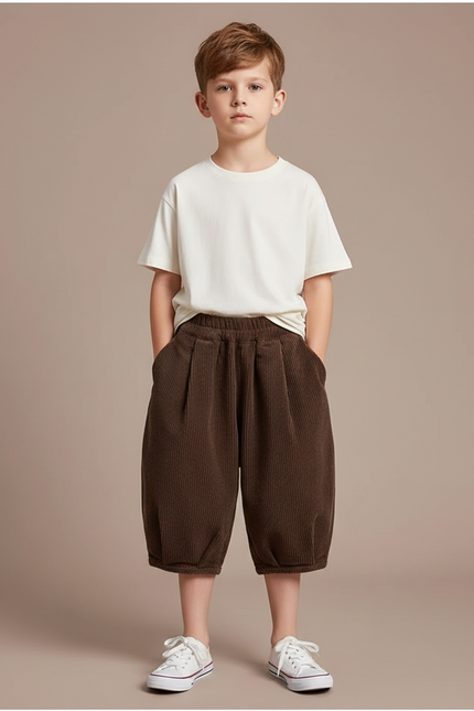 Pantalon Beige Côtelé Ample Enfant Doux Hiver - Marron Cordé