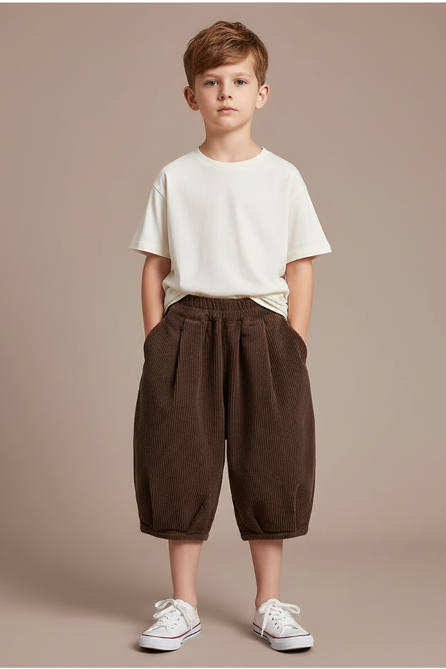 Pantalon Beige Côtelé Ample Enfant Doux Hiver - Marron Cordé