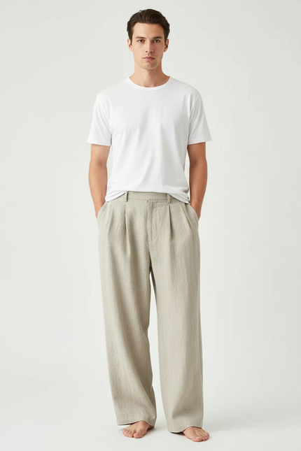 Pantalon Beige Ample Droit Lin Plissé Homme