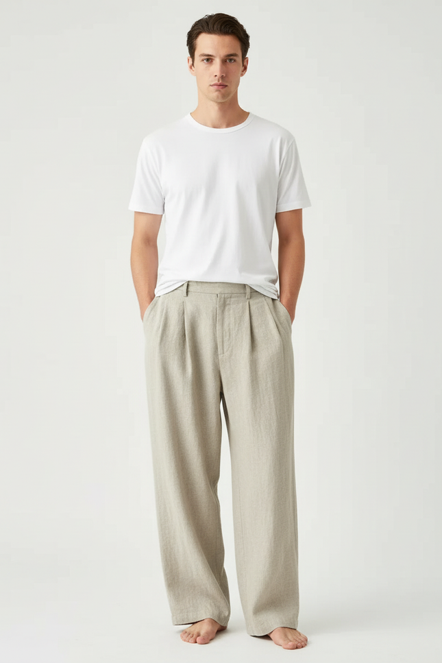 Pantalon Beige Ample Droit Lin Plissé Homme