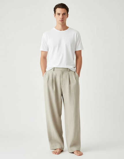 Pantalon Beige Ample Droit Lin Plissé Homme
