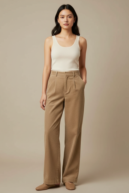 Pantalon Beige Côtelé Plissé Ample Femme Élégant - Cordé