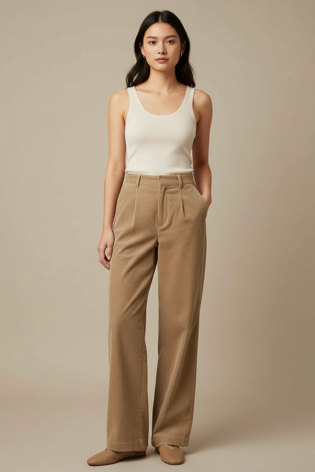 Pantalon Beige Côtelé Plissé Ample Femme Élégant - Cordé