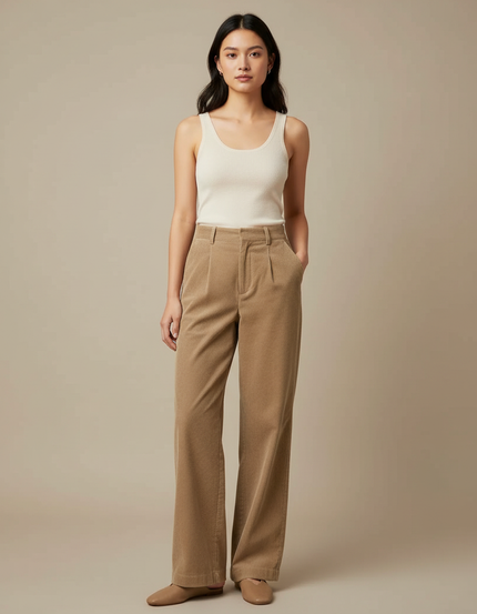 Pantalon Beige Côtelé Plissé Ample Femme Élégant - Cordé