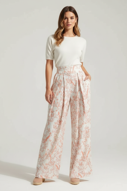 Pantalon Beige Imprimé Floral Fluide Taille Haute - Lin