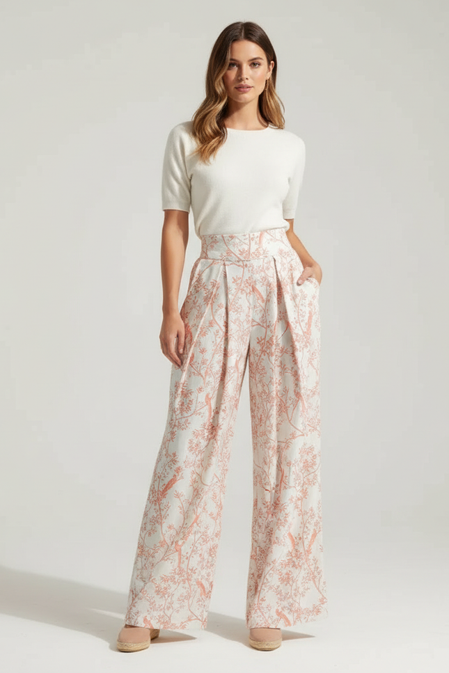 Pantalon Beige Imprimé Floral Fluide Taille Haute - Lin