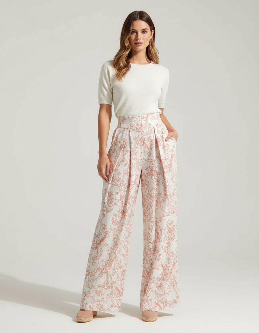 Pantalon Beige Imprimé Floral Fluide Taille Haute - Lin