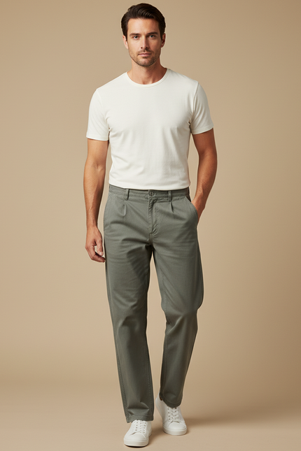 Pantalon Beige Coton Plissé Décontracté Homme - Kaki