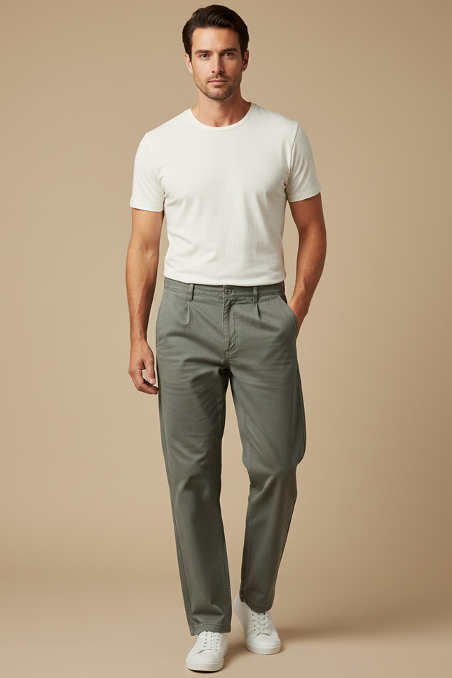 Pantalon Beige Coton Plissé Décontracté Homme - Kaki