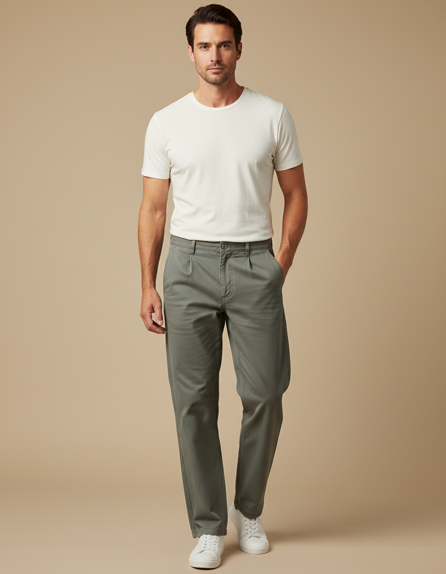 Pantalon Beige Coton Plissé Décontracté Homme - Kaki