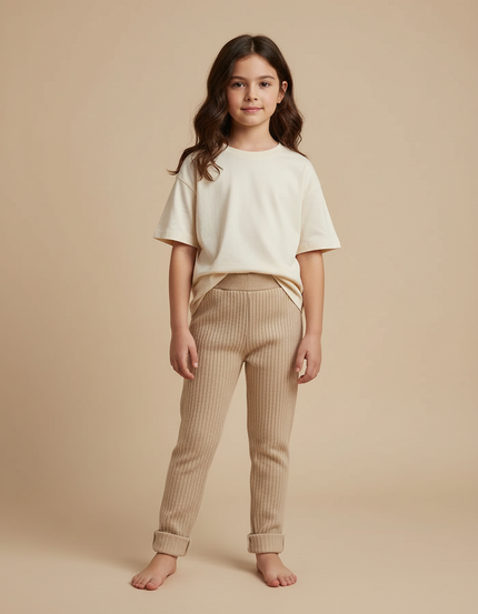 Pantalon Beige Côtelé Maille Élastique Confortable Enfant