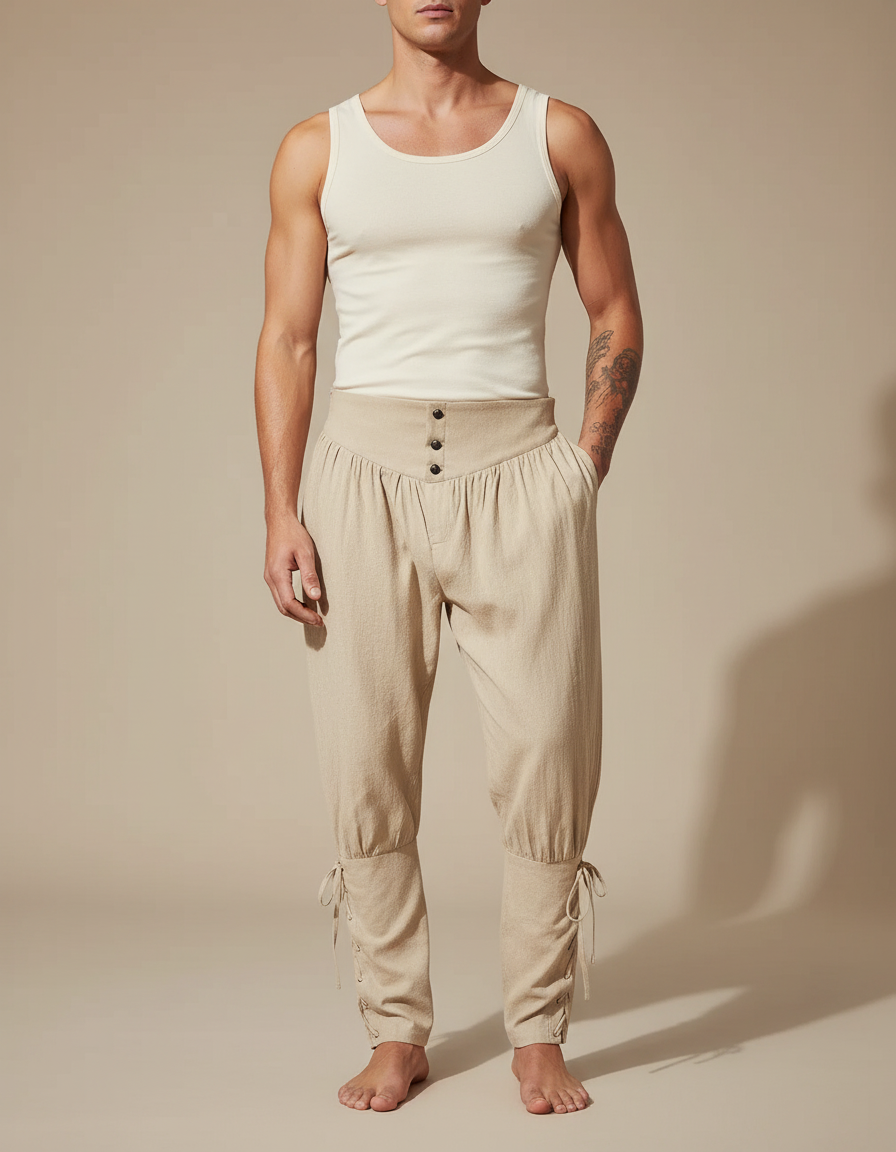 Pantalon Beige Médiéval Pirate Lacets Coton Lin Homme
