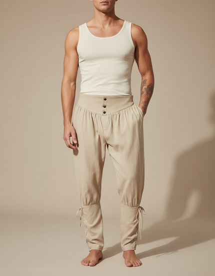 Pantalon Beige Médiéval Pirate Lacets Coton Lin Homme