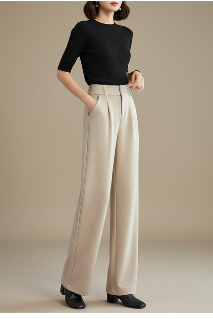 Pantalon Wide Leg Beige Femme - Laine