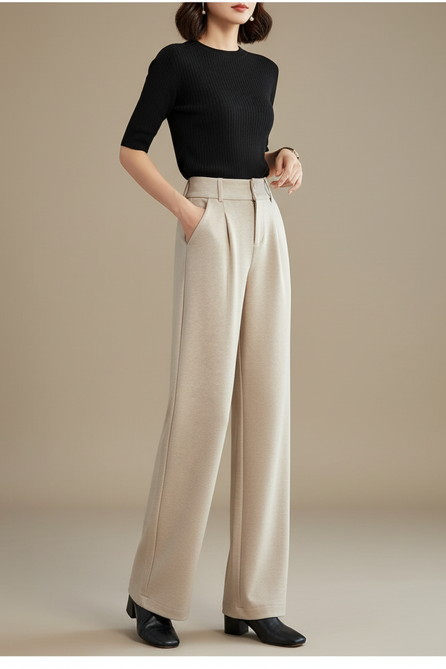 Pantalon Wide Leg Beige Femme - Laine