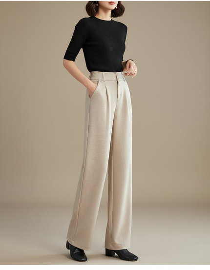 Pantalon Wide Leg Beige Femme - Laine