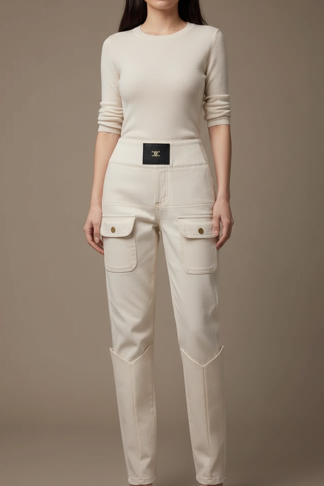 Pantalon Beige Cargo Taille Haute Coupe Droite - Toile