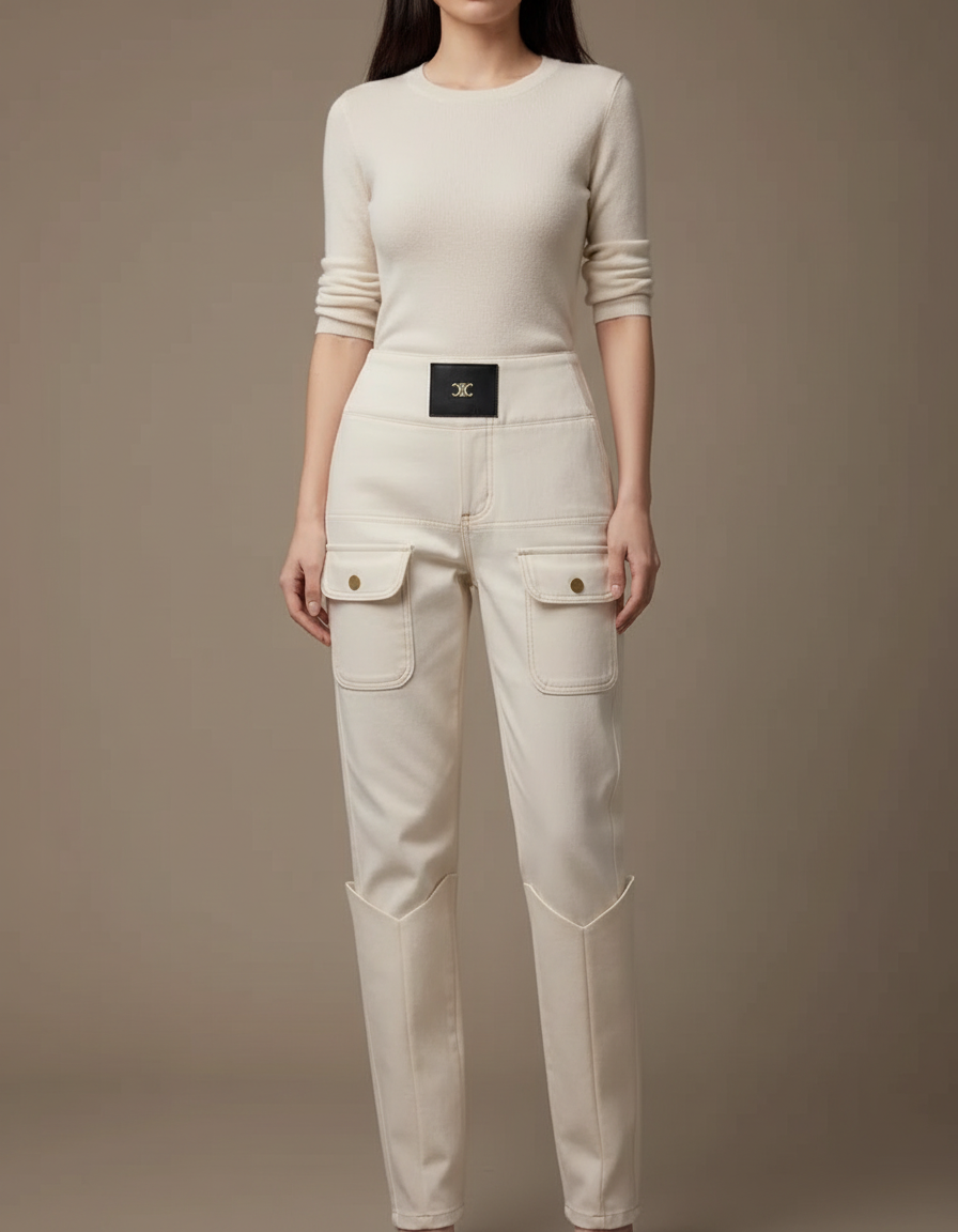 Pantalon Beige Cargo Taille Haute Coupe Droite - Toile