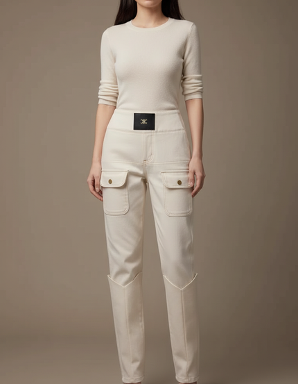 Pantalon Beige Cargo Taille Haute Coupe Droite - Toile