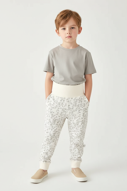 Pantalon Beige Floral Coton Ample Confortable Enfant - Molleton