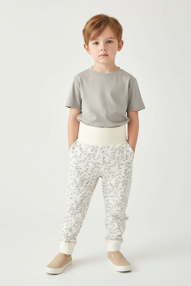Pantalon Beige Floral Coton Ample Confortable Enfant - Molleton