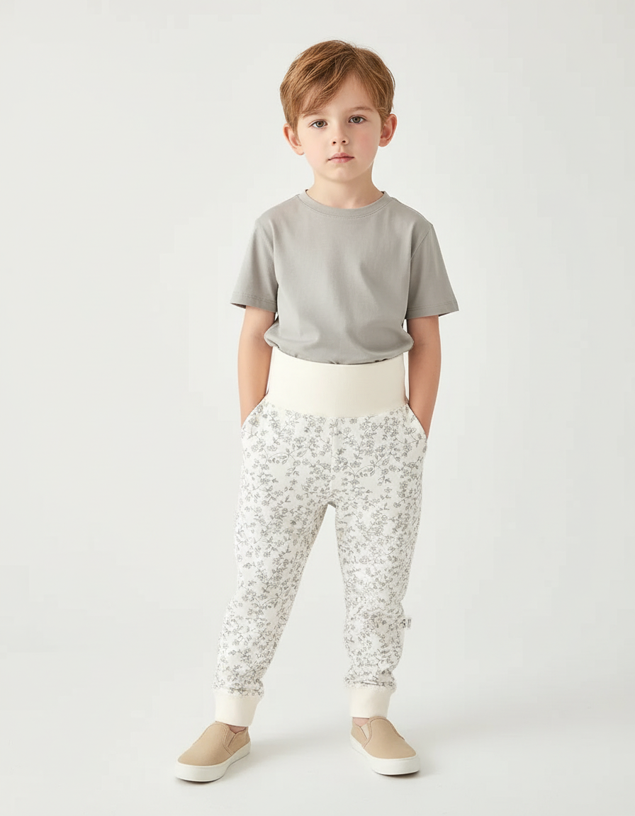 Pantalon Beige Floral Coton Ample Confortable Enfant - Molleton