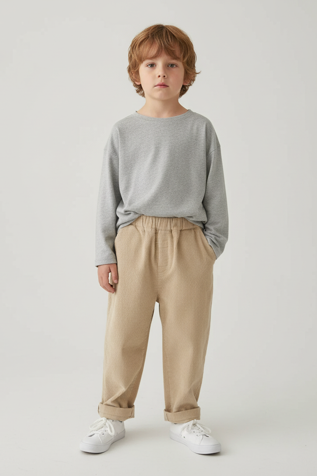 Pantalon Beige Velours Côtelé Décontracté Enfant Ample - Cordé