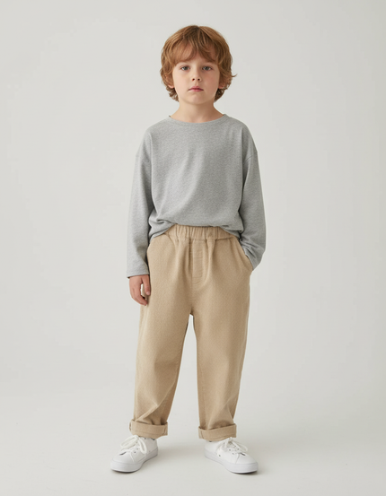 Pantalon Beige Velours Côtelé Décontracté Enfant Ample - Cordé