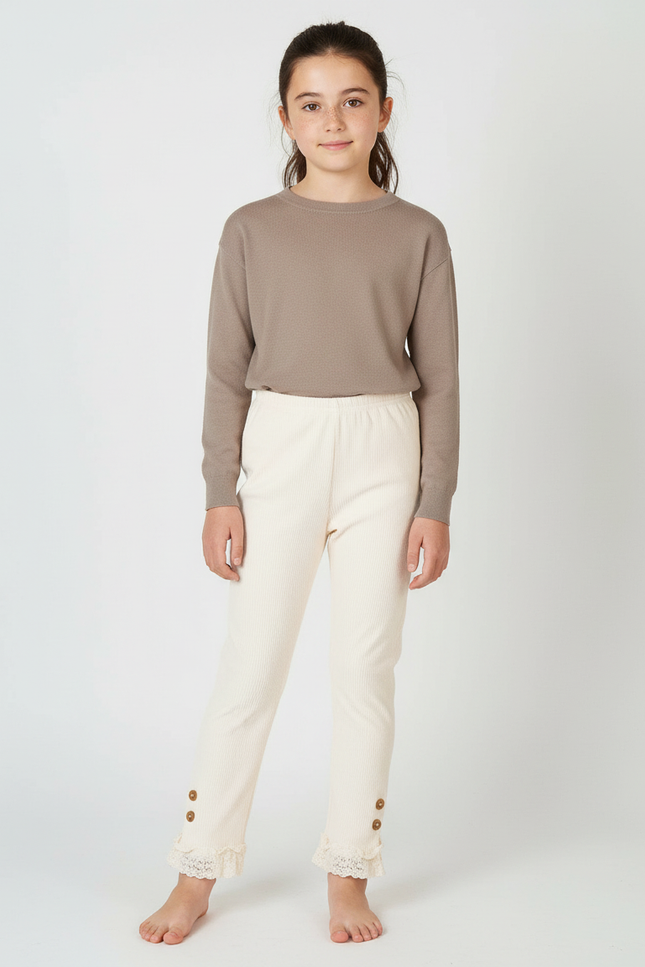Pantalon Beige Côtelé Dentelle Boutons Fille Confortable - Cordé