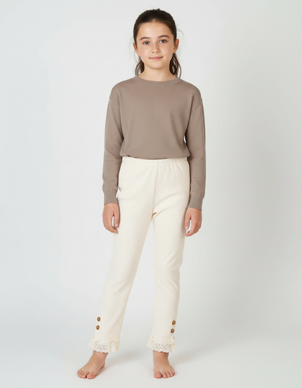Pantalon Beige Côtelé Dentelle Boutons Fille Confortable - Cordé