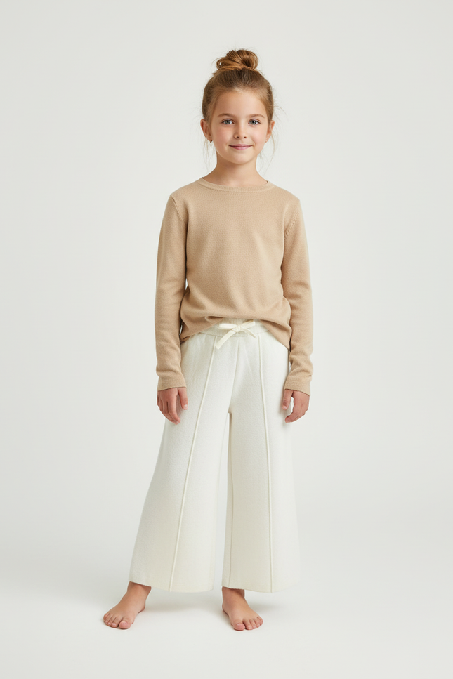 Pantalon Beige Ample Tricoté Évasé Cordon Fille - Blanc Maille